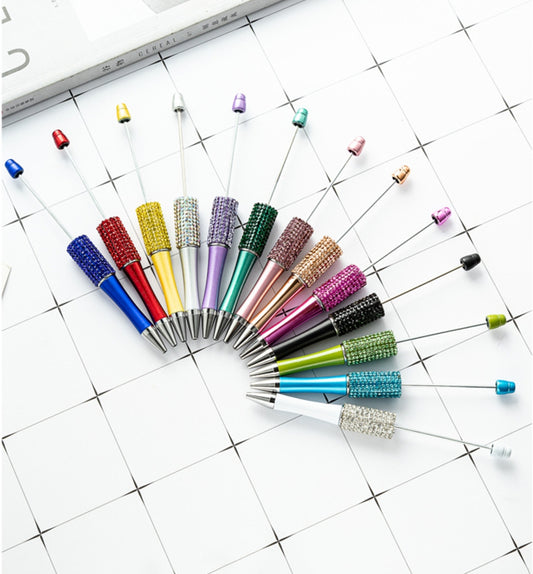 Half Rhinestone Ring Beaded Pen - Random Color